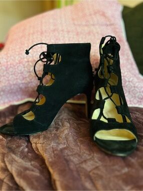 Nine West Black Suede Lace-Up Cutout Heeled Sandals